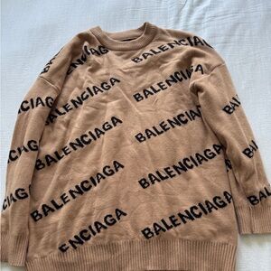 Balenciaga Tan Crewneck Sweater with Black Logo Pattern